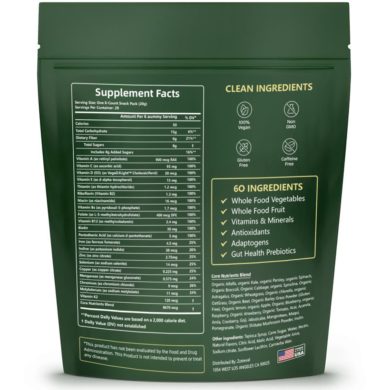 Open pack with zip seal of Zotreval Daily Greens ensuring freshness and easy dosing