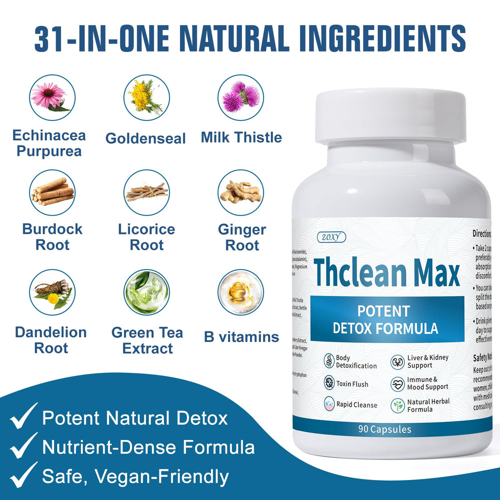 Zoxy ThcleanMax liver detox capsules support liver function and gentle hydration during detox.