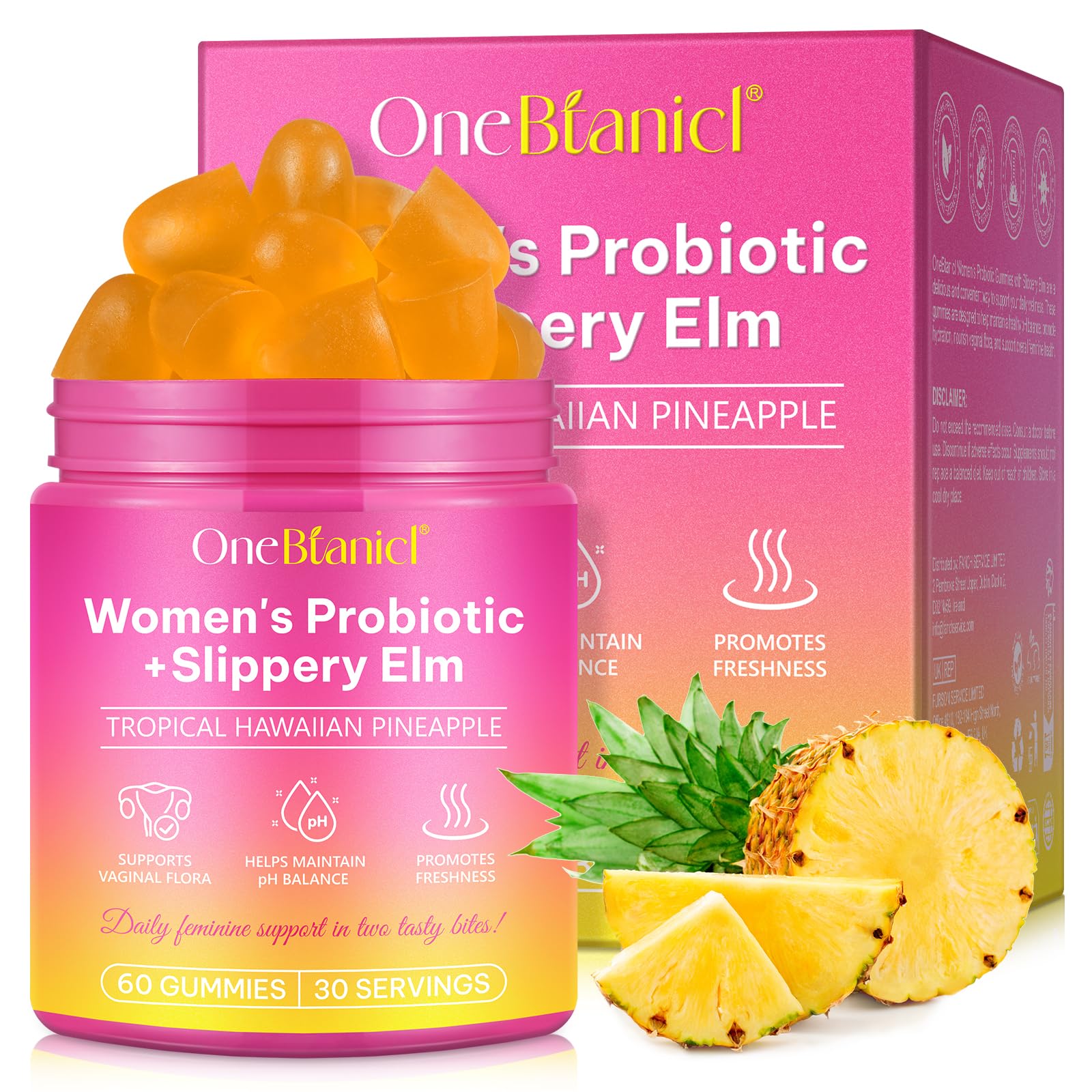 ZQZPZBPZ pineapple gummies bottle illustrating daily 3-in-1 wellness for vaginal health.
