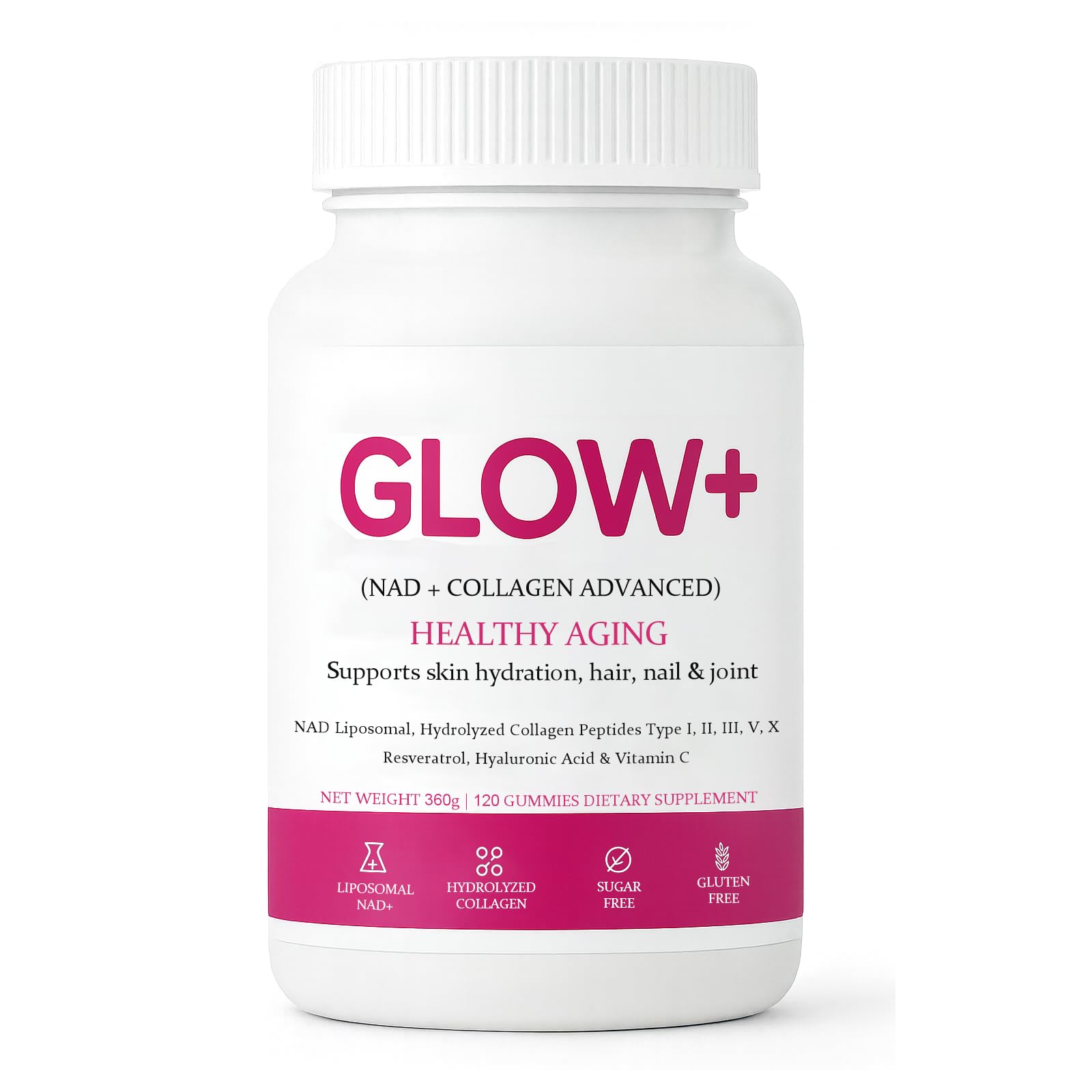 ZRRTXV JoviGLOW+ bottle front showing 120 count gummies for daily vitality.