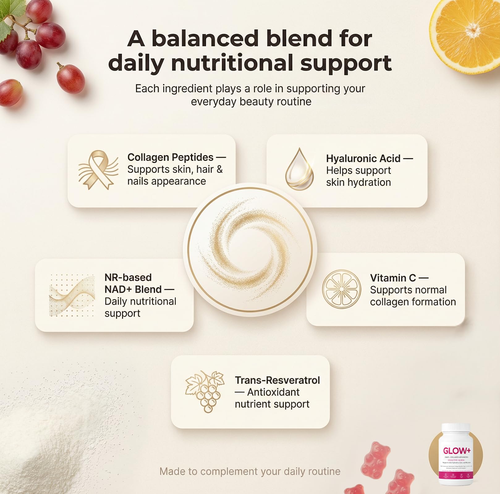 ZRRTXV JoviGLOW+ label nutrition details including collagen, hyaluronic acid and vitamin C.