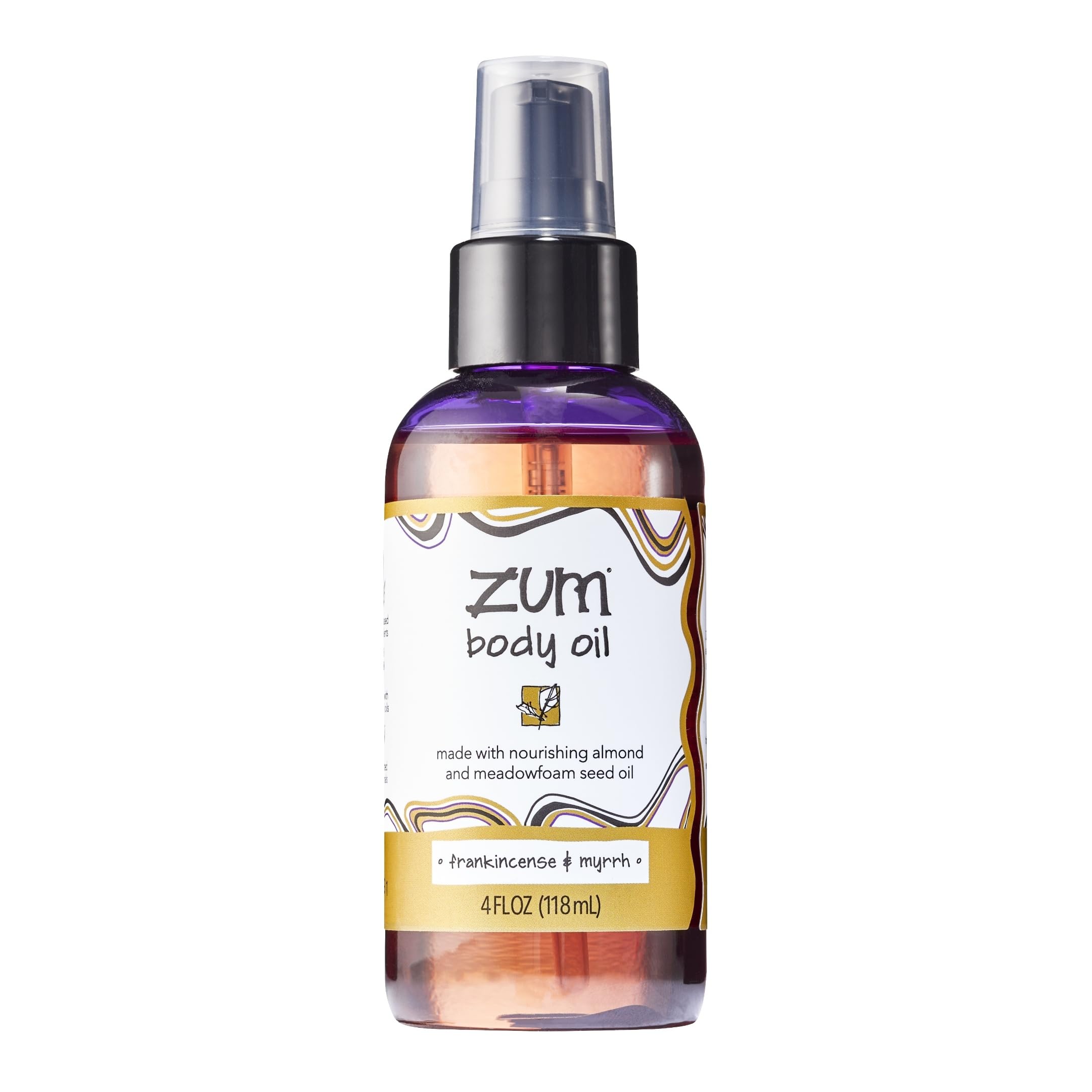 Zum Indigo Wild Frankincense & Myrrh body oil bottle shown for soothing massage and hydration.