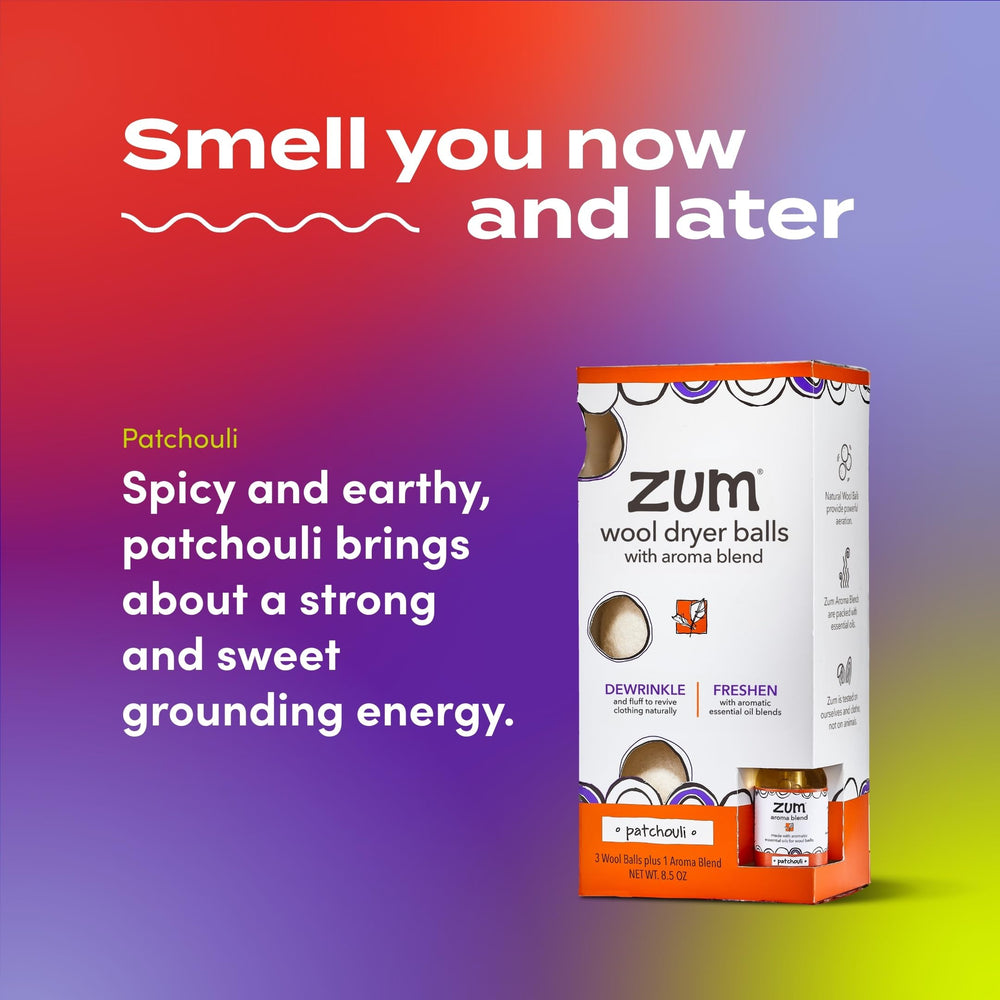 Zum Indigo Wild patchouli-scent close-up for earthy aroma in dryer routine.