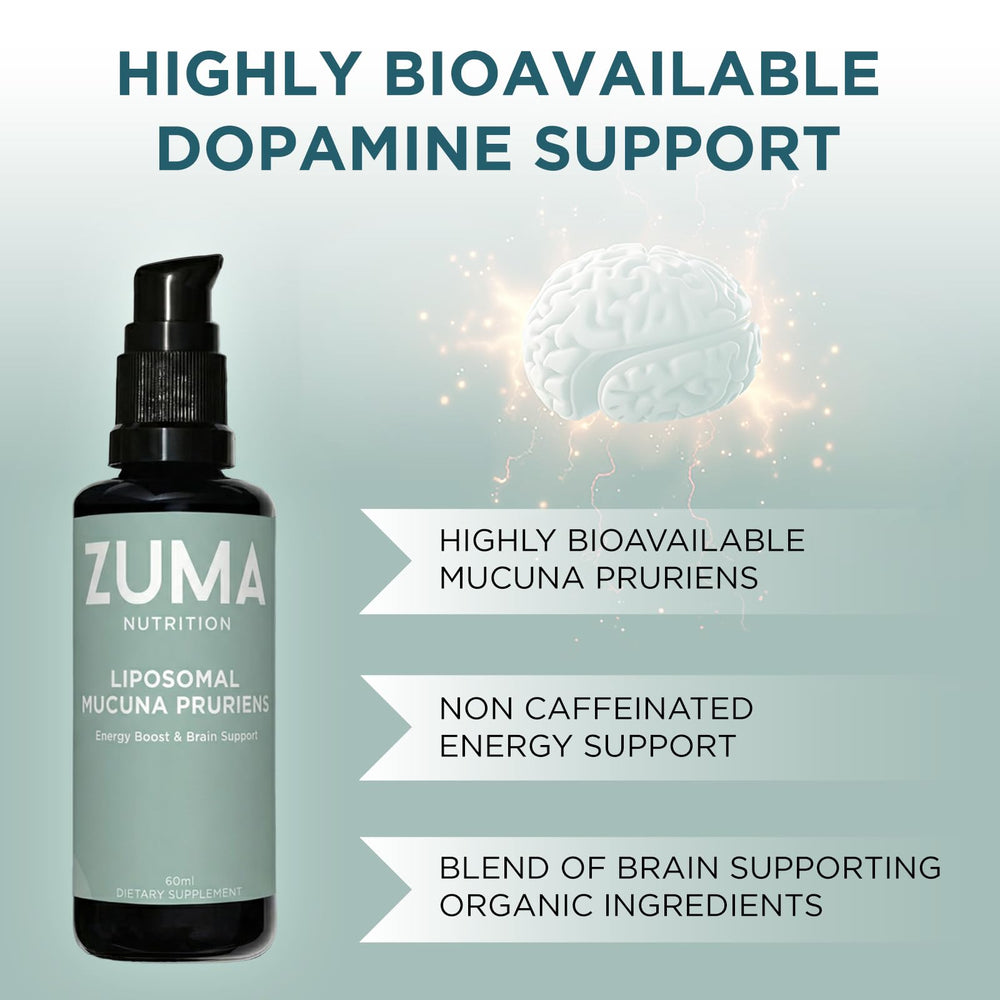 Zuma Nutrition bottle highlights mucuna bacopa gotu kola and ginger
