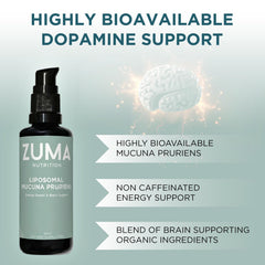 Zuma Nutrition bottle highlights mucuna bacopa gotu kola and ginger