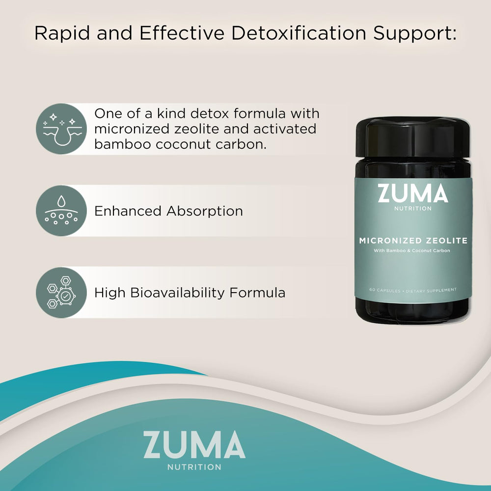 Zuma Nutrition zeolite bottle with label highlights trace minerals and herbal notes