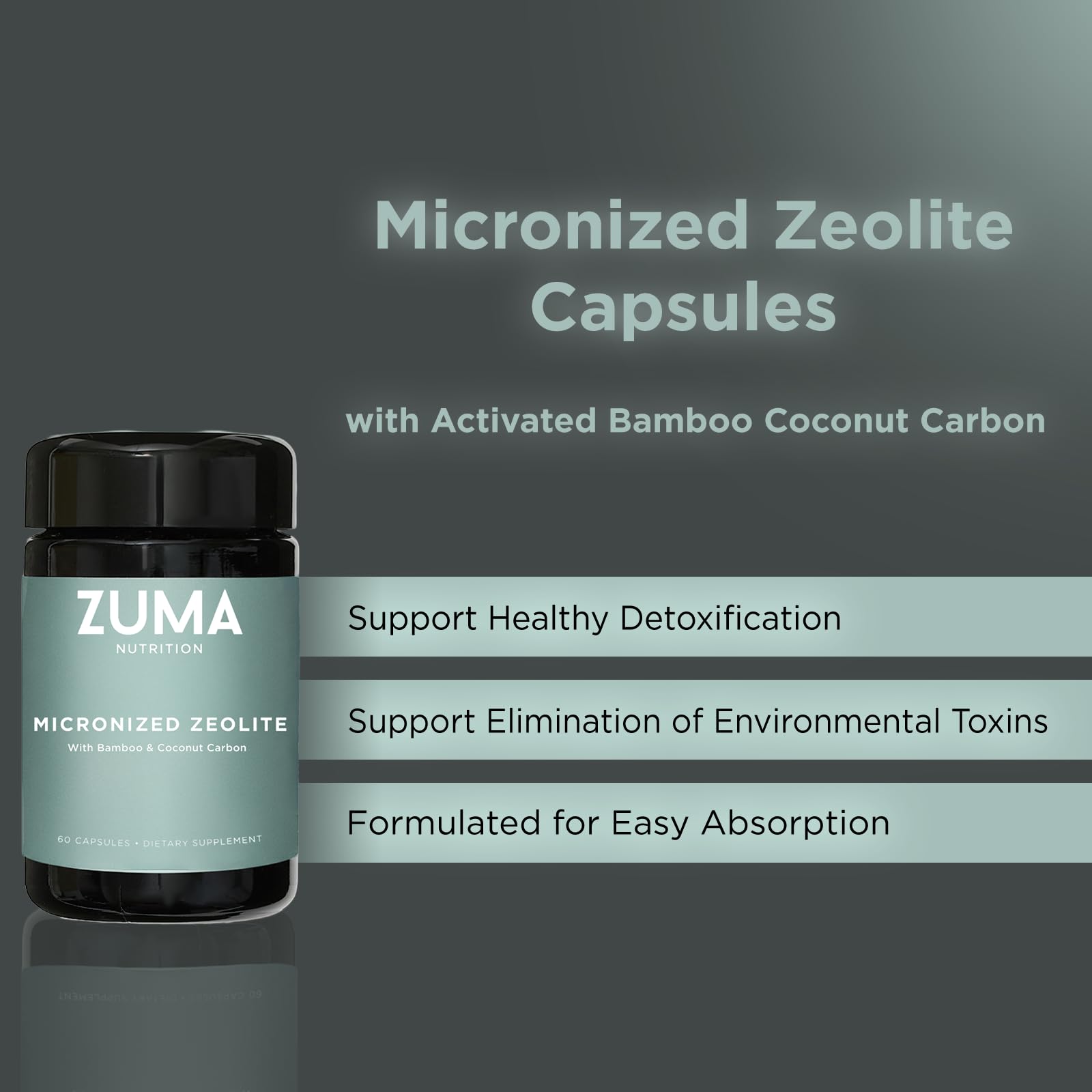 Zuma Nutrition zeolite mineral blend glass bottle emphasizes recyclable Miron glass packaging