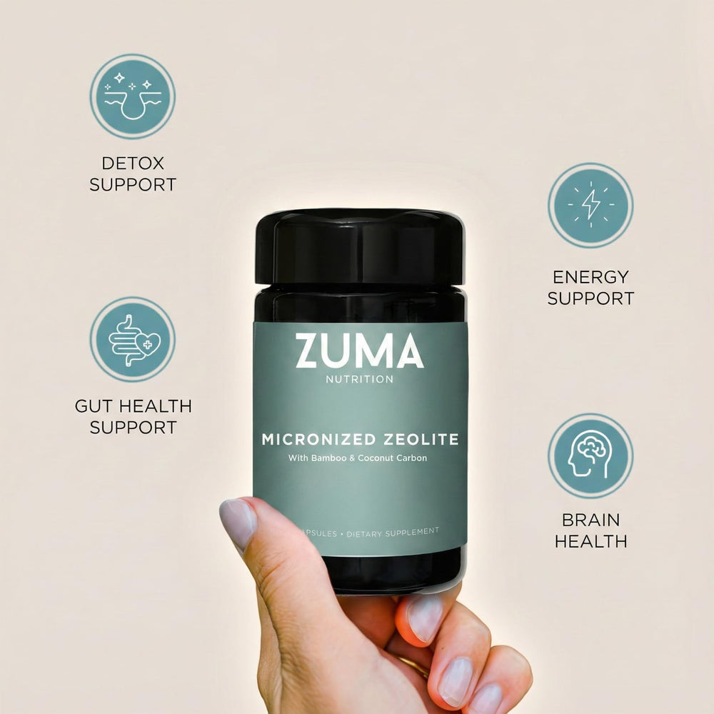 Zuma Nutrition zeolite capsules packaging showcases vegan capsules and natural mineral ingredients