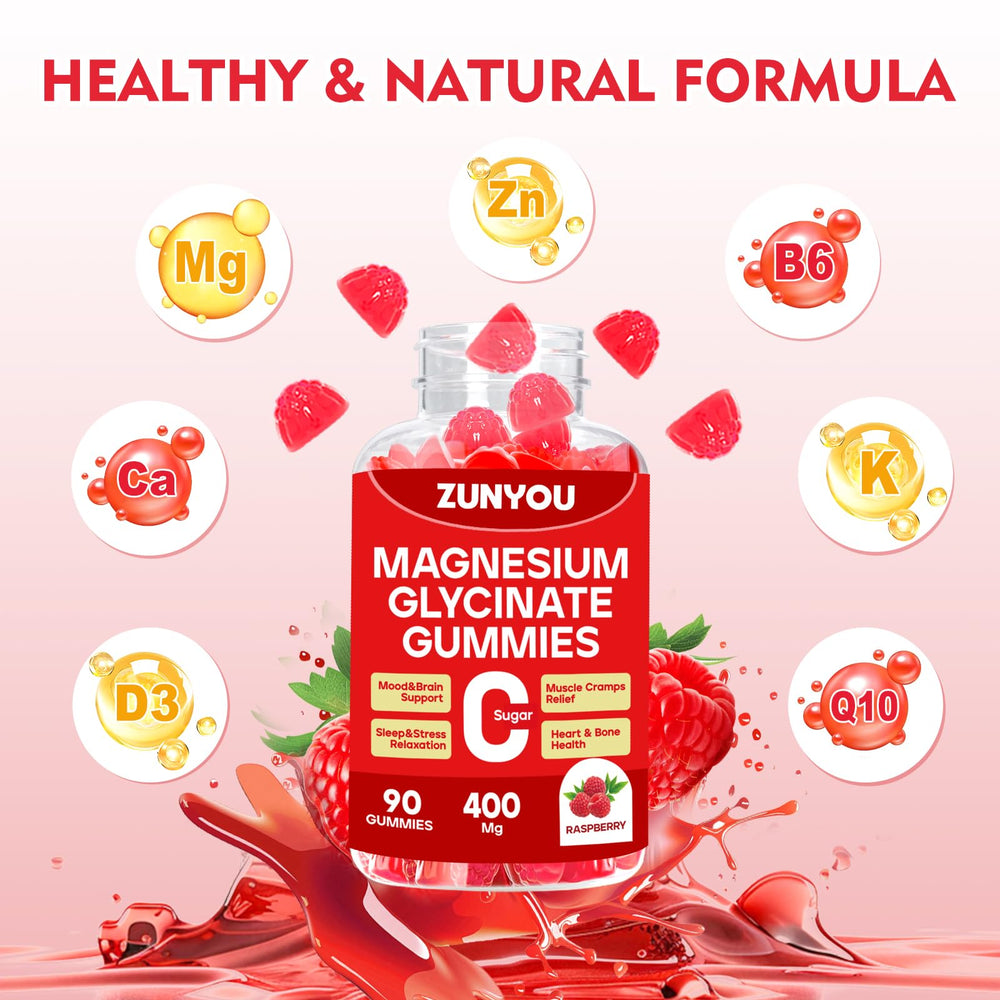 ZUNYOU magnesium glycinate gummies ingredients list highlighting B6 and zinc.