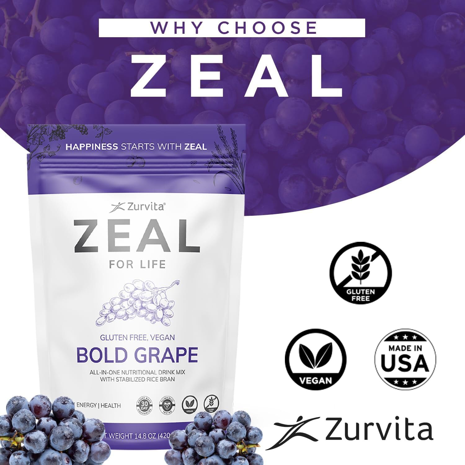 Zurvita Zeal for Life ingredients closeup showing nutrient-rich wholefood blends.