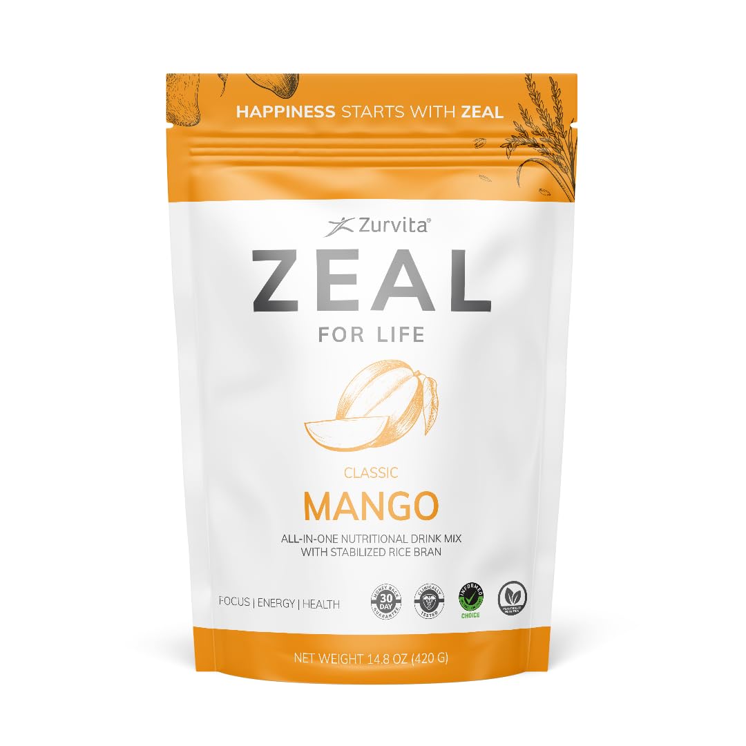 Zurvita Zeal for Life Mango tub front showing gluten-free vegan wellness powder for daily nourishment.