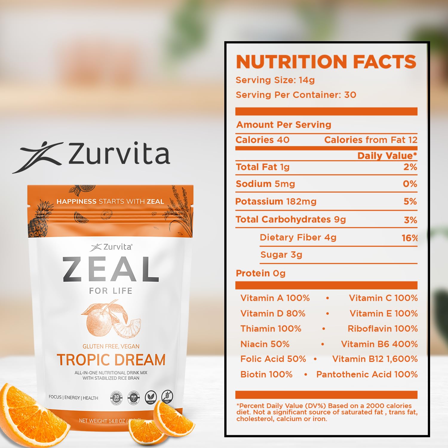 Close-up of Zurvita Zeal for Life Tropic Dream label highlighting the berry flavor.
