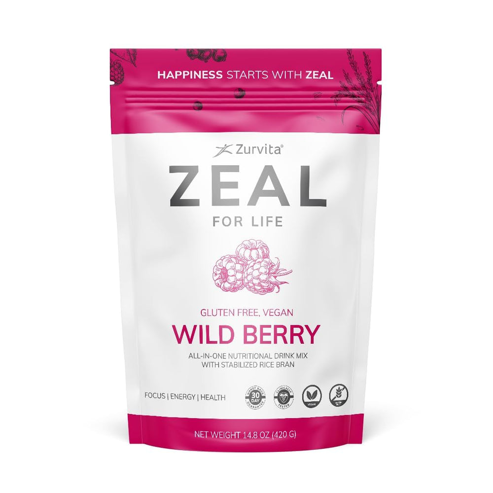Zurvita Zeal wild berry powder bag shows convenient daily nutrition.