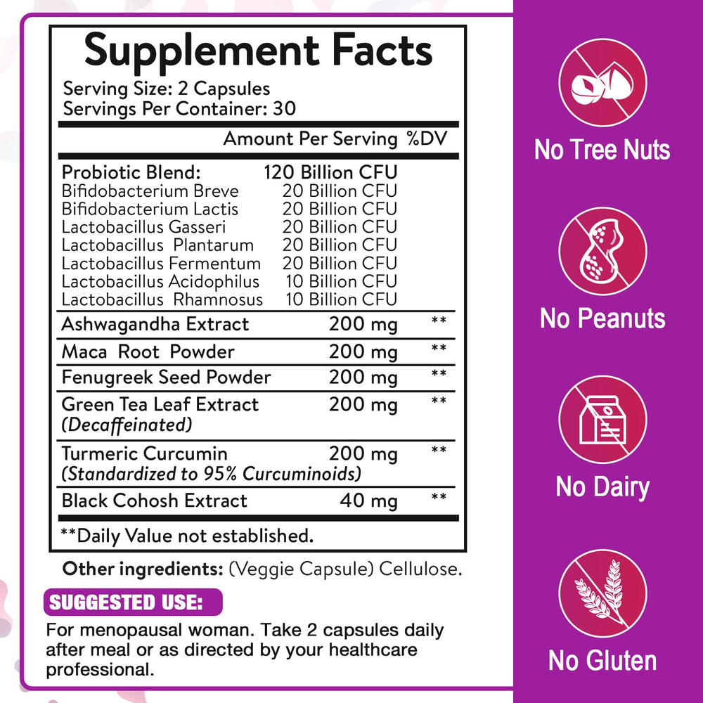 Zwllood menopause capsules closeup highlighting 120 billion CFU potential benefits.