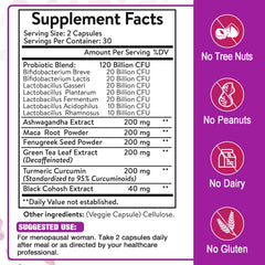 Zwllood menopause capsules closeup highlighting 120 billion CFU potential benefits.