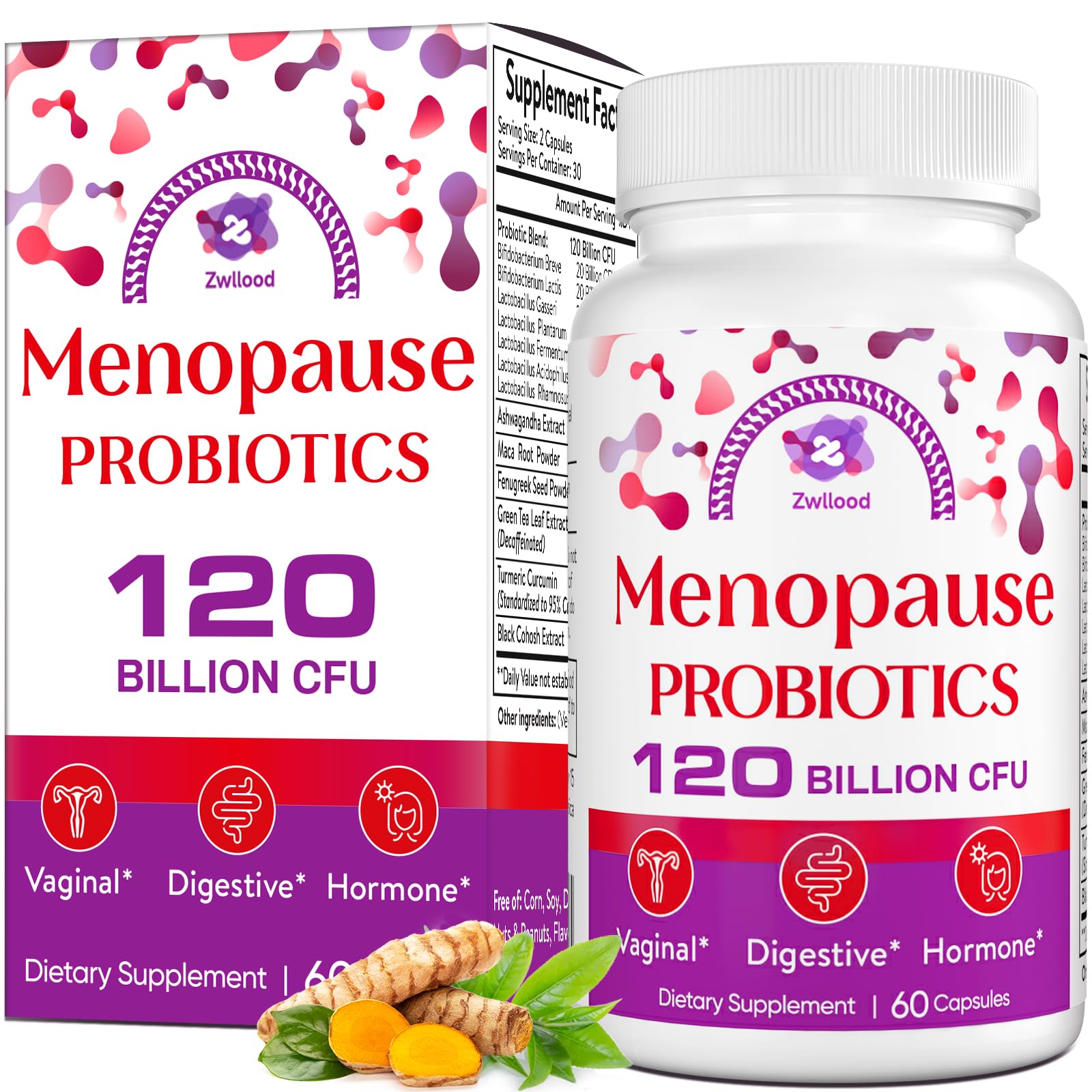 Zwllood menopause probiotics bottle front with 60 capsules for daily wellness.