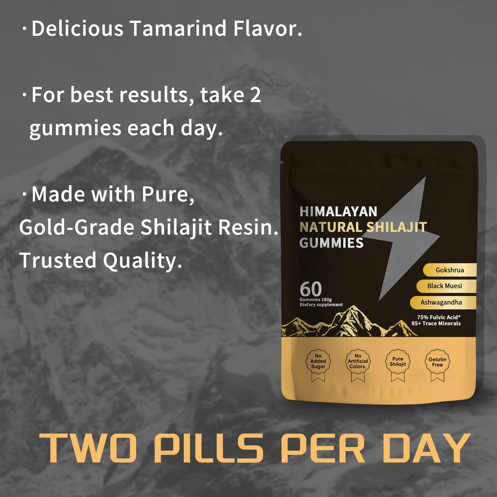 ZYGCDZ Shilajit Gold Gummies serving size shown with a glass of water.