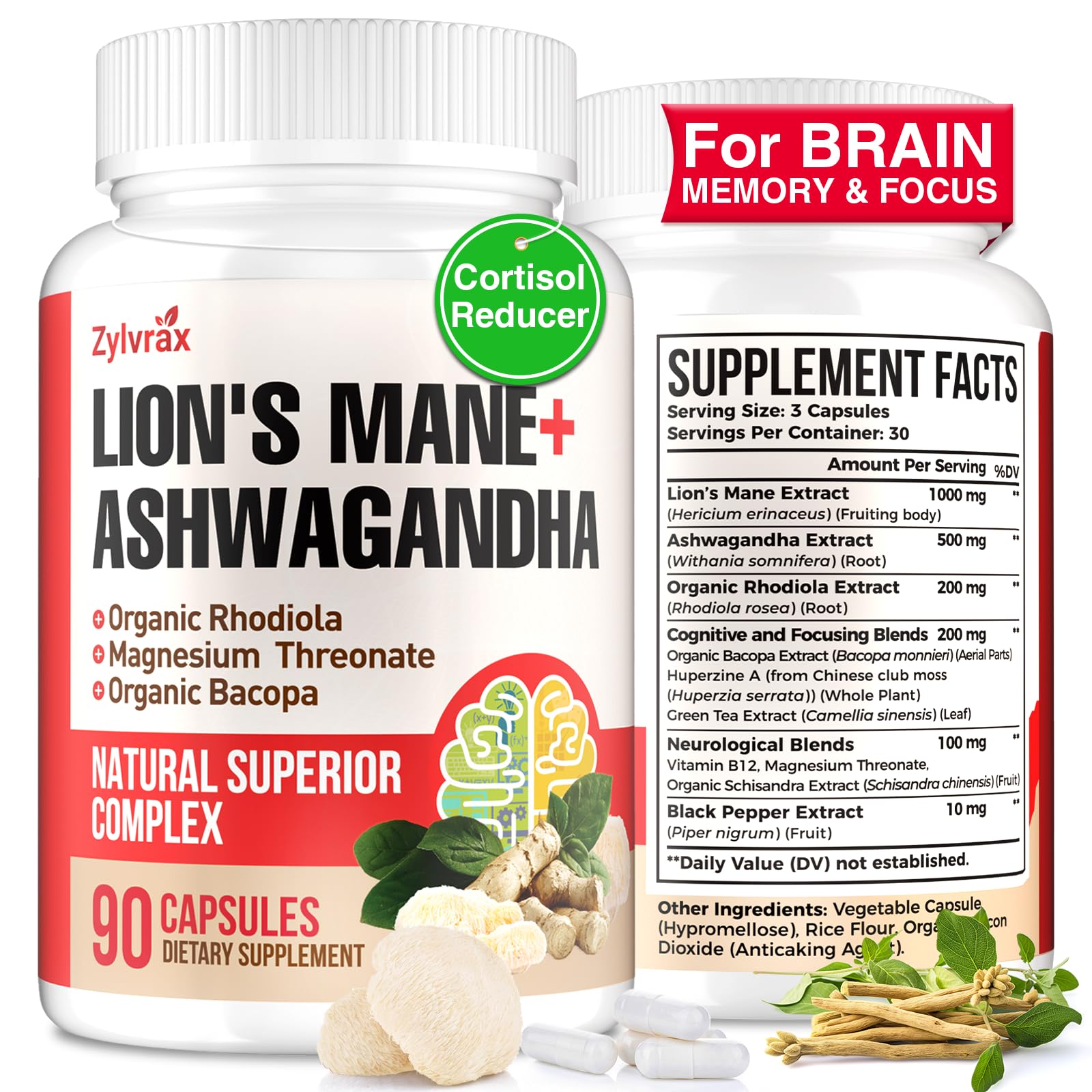 Zylvrax Ashwagandha Lions Mane capsules for focus and cognitive support
