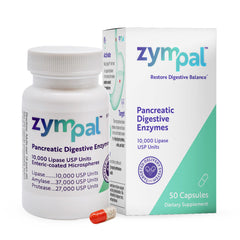 ZYMPAL Pancreatic Digestive Enzymes bottle with 50 capsules for high-potency digestion.