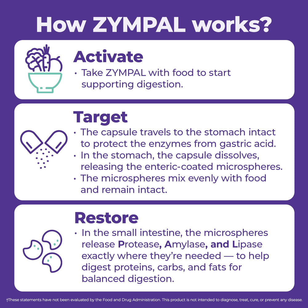ZYMPAL enteric microspheres concept illustrating targeted delivery to the small intestine.