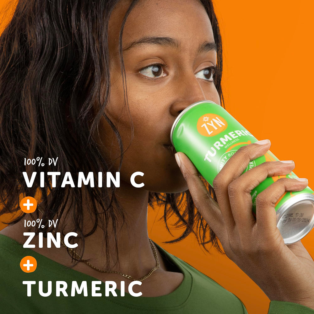 ZYN Turmeric Wellness Drink 6-pack box close-up showing clean ingredients