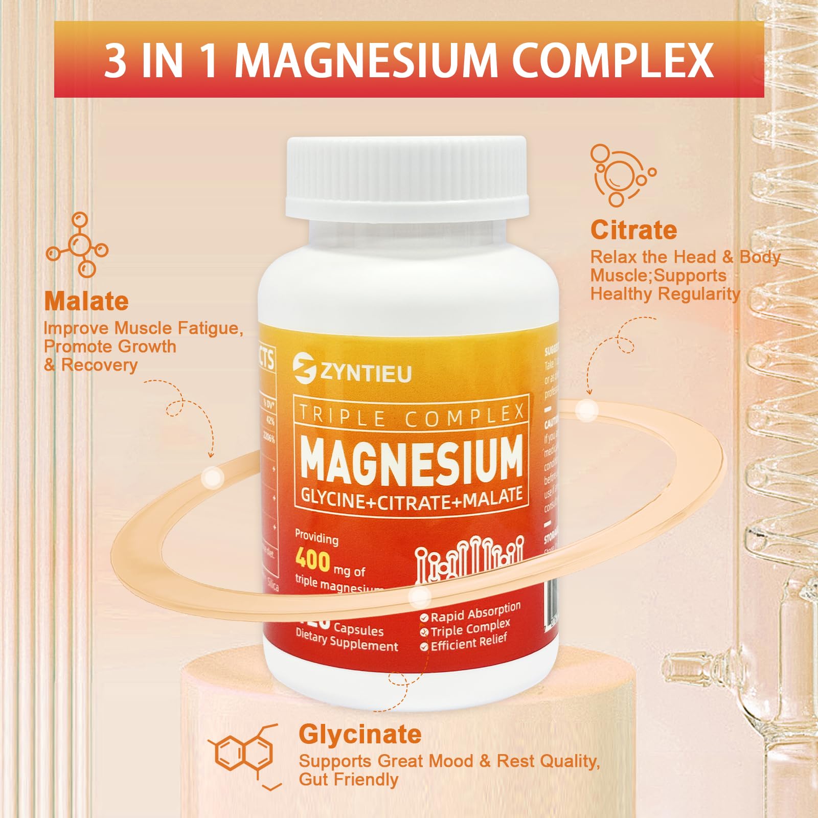 Zyntieu Triple Magnesium bottle front view highlighting portable daily wellness and energy.