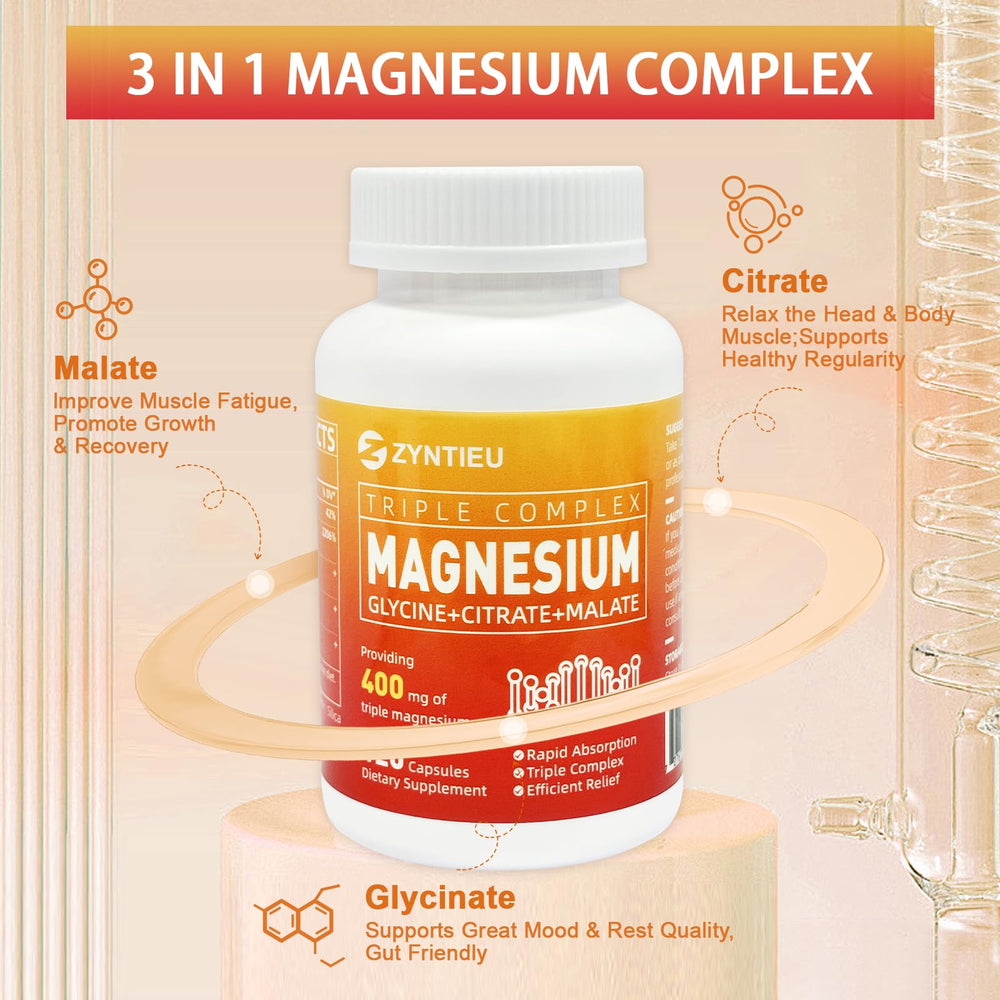 Zyntieu Triple Magnesium bottle front view highlighting portable daily wellness and energy.
