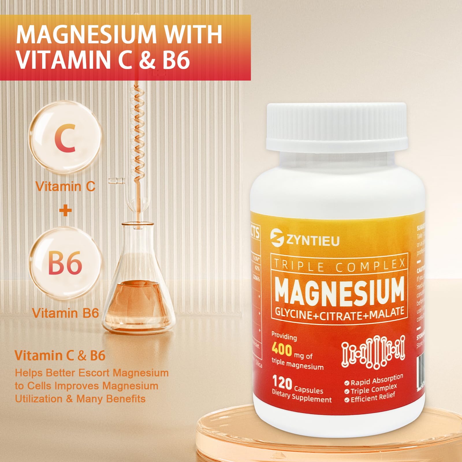 Zyntieu Triple Magnesium label detail showing ingredients and third-party testing for quality.