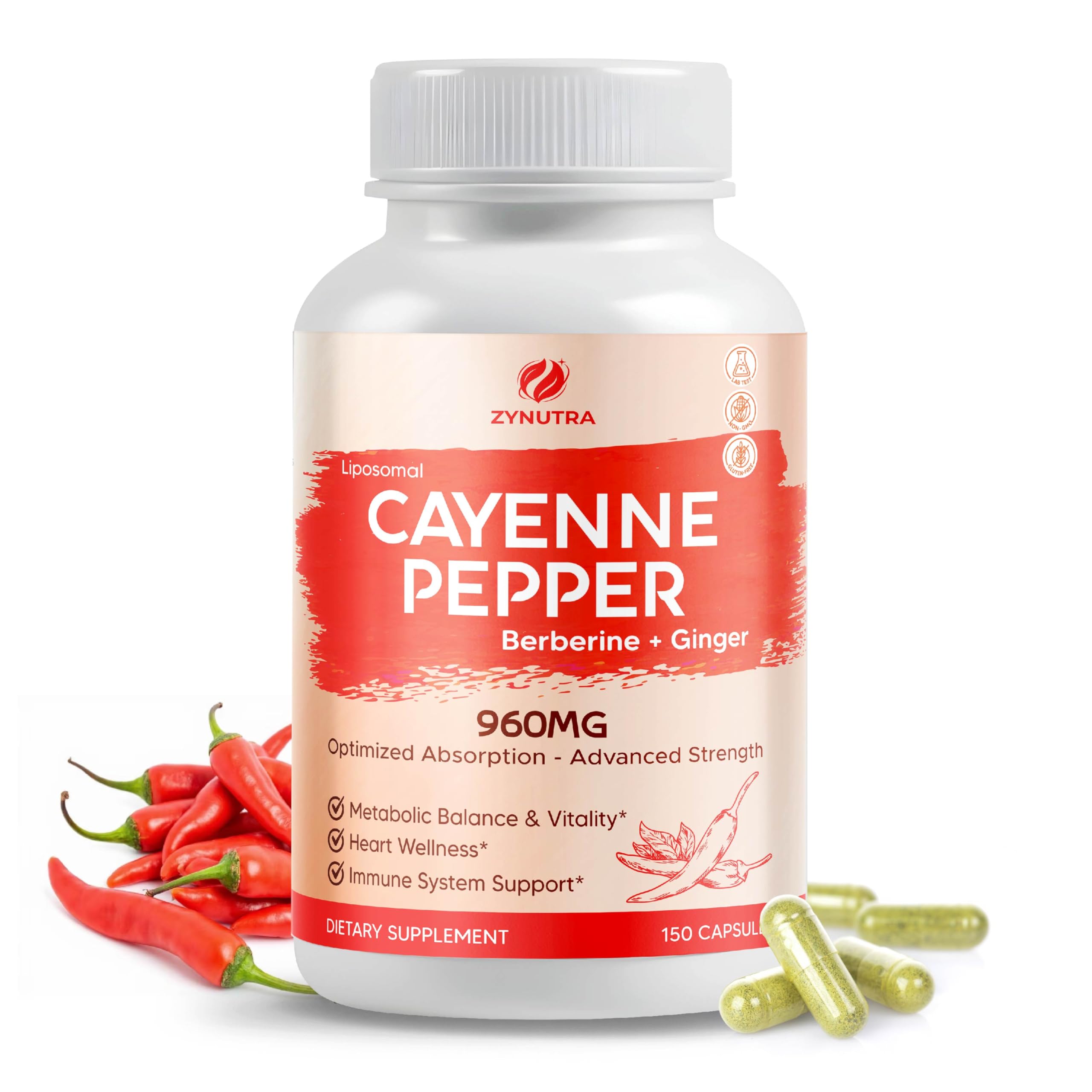 ZYNUTRA liposomal cayenne pepper bottle showing advanced absorption for daily metabolic balance