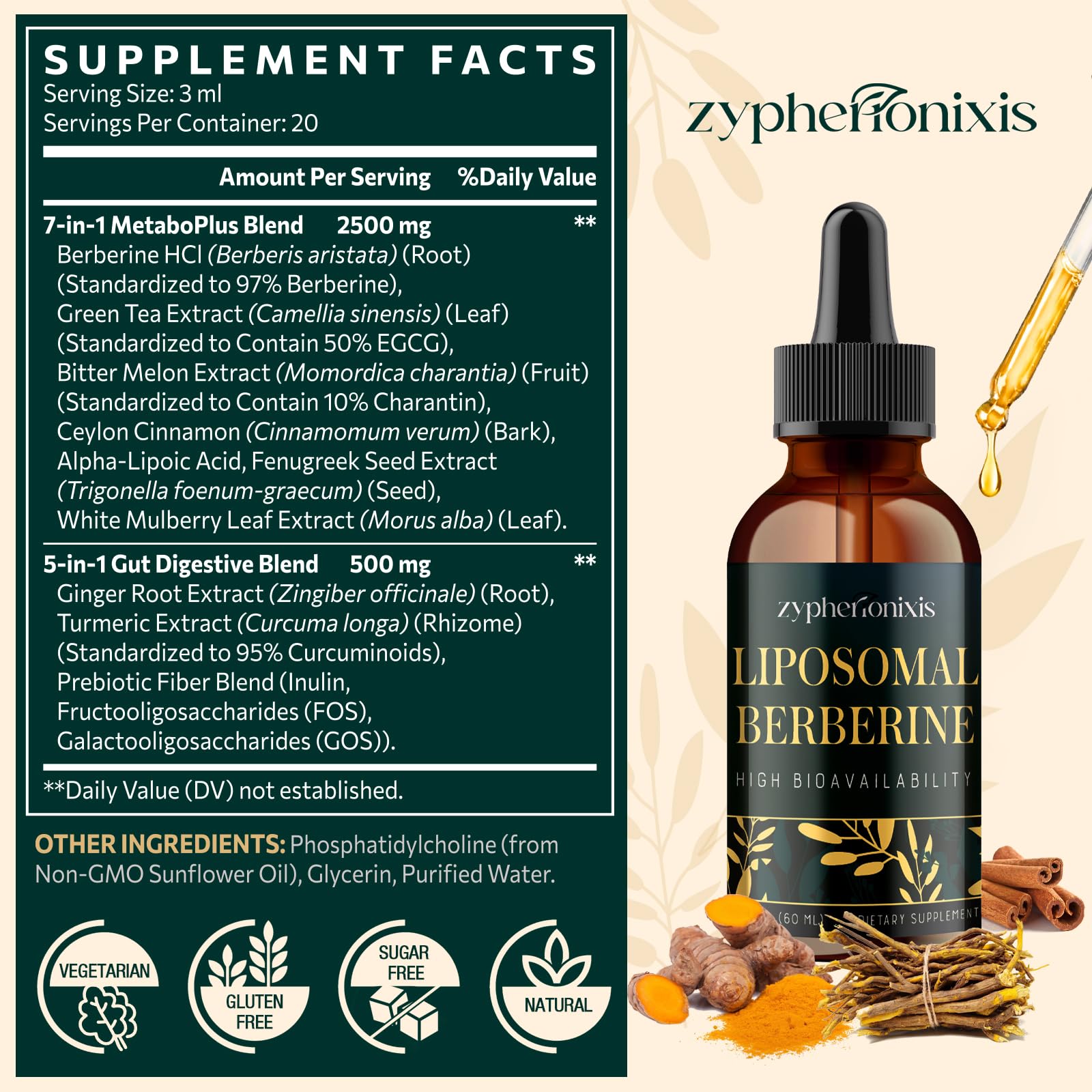 Zypherionixis berberine drops being poured to demonstrate convenient under-tongue use