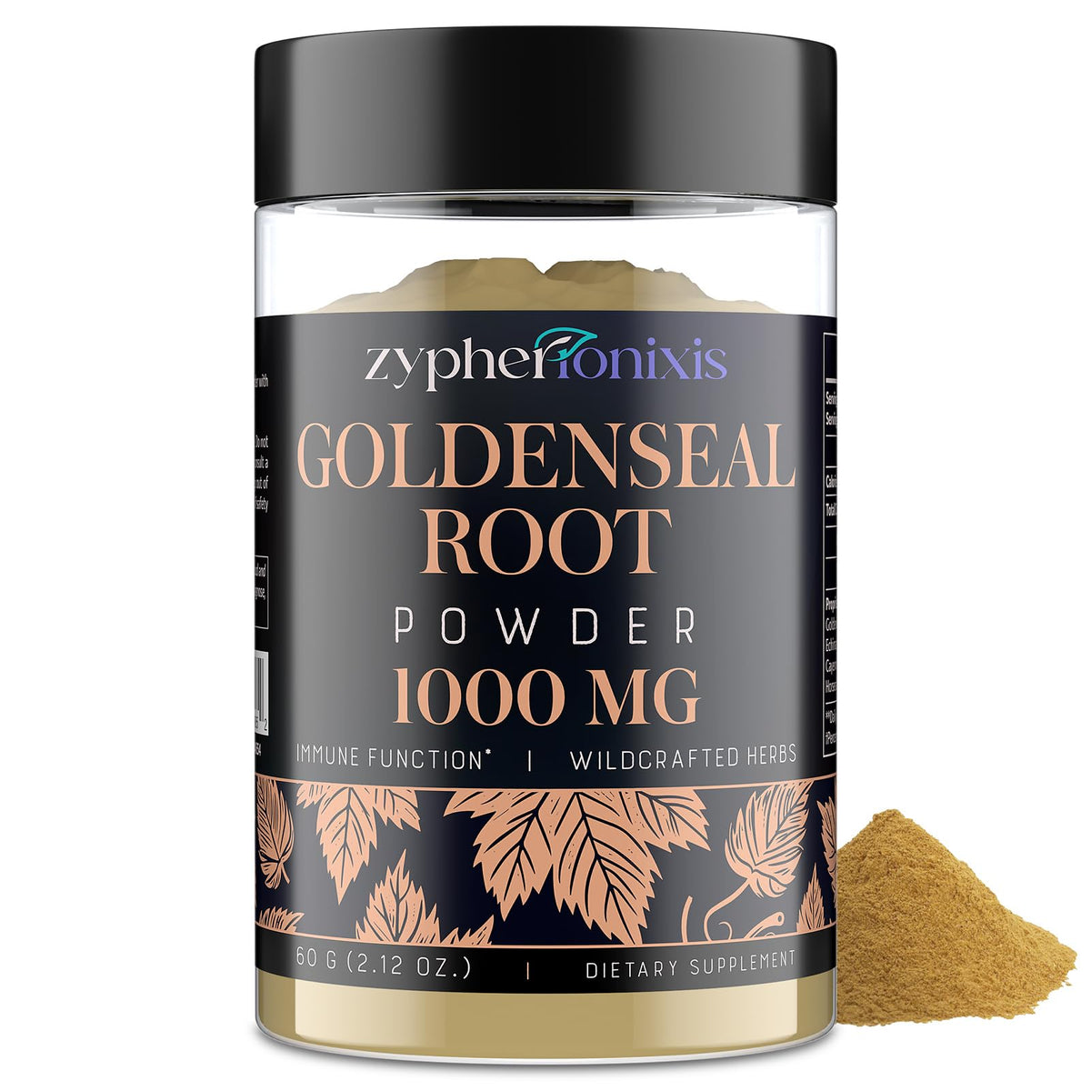 Zypherionixis goldenseal powder jar with 6-herb blend for daily wellness.