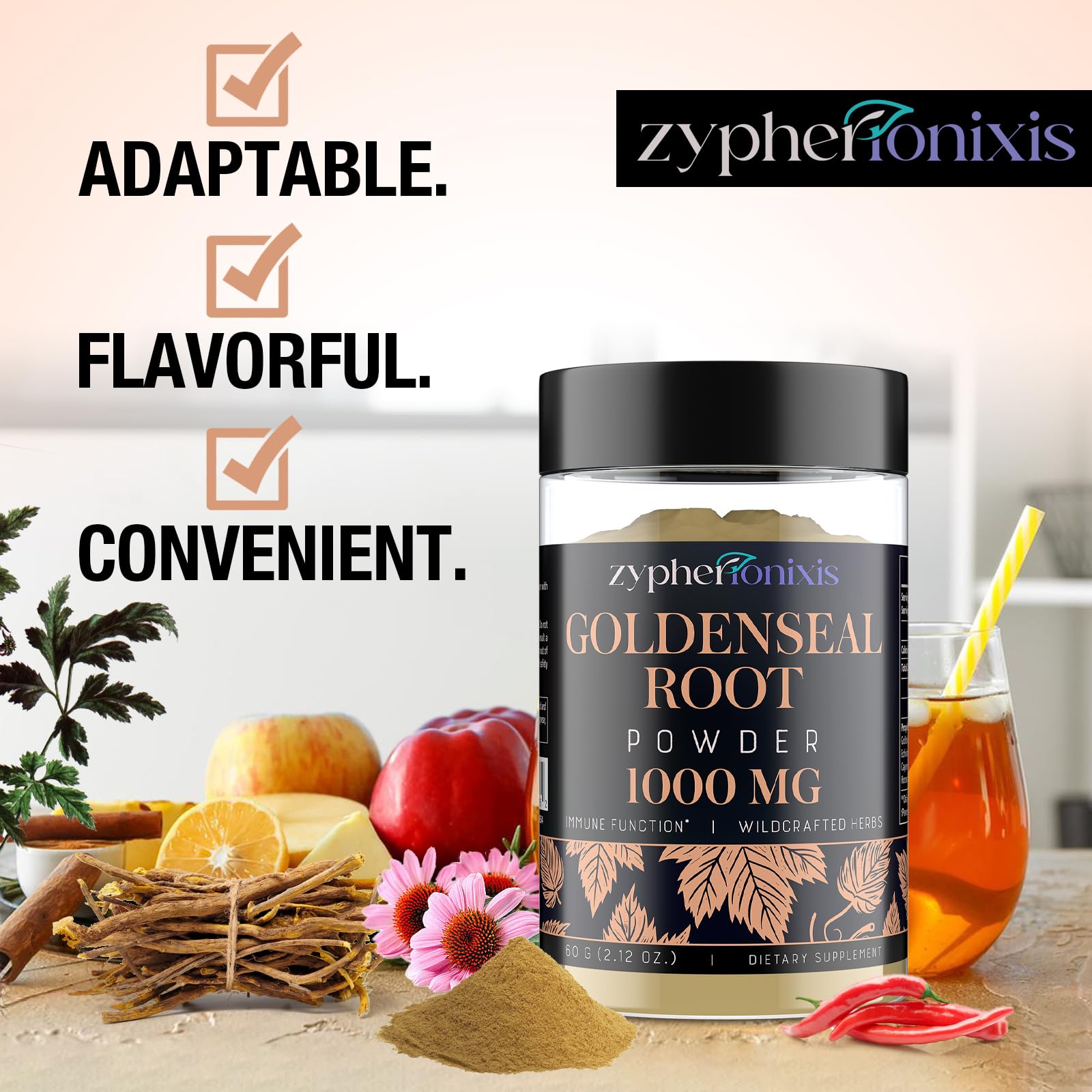 Zypherionixis six-herb blend close-up with vibrant, natural ingredients.