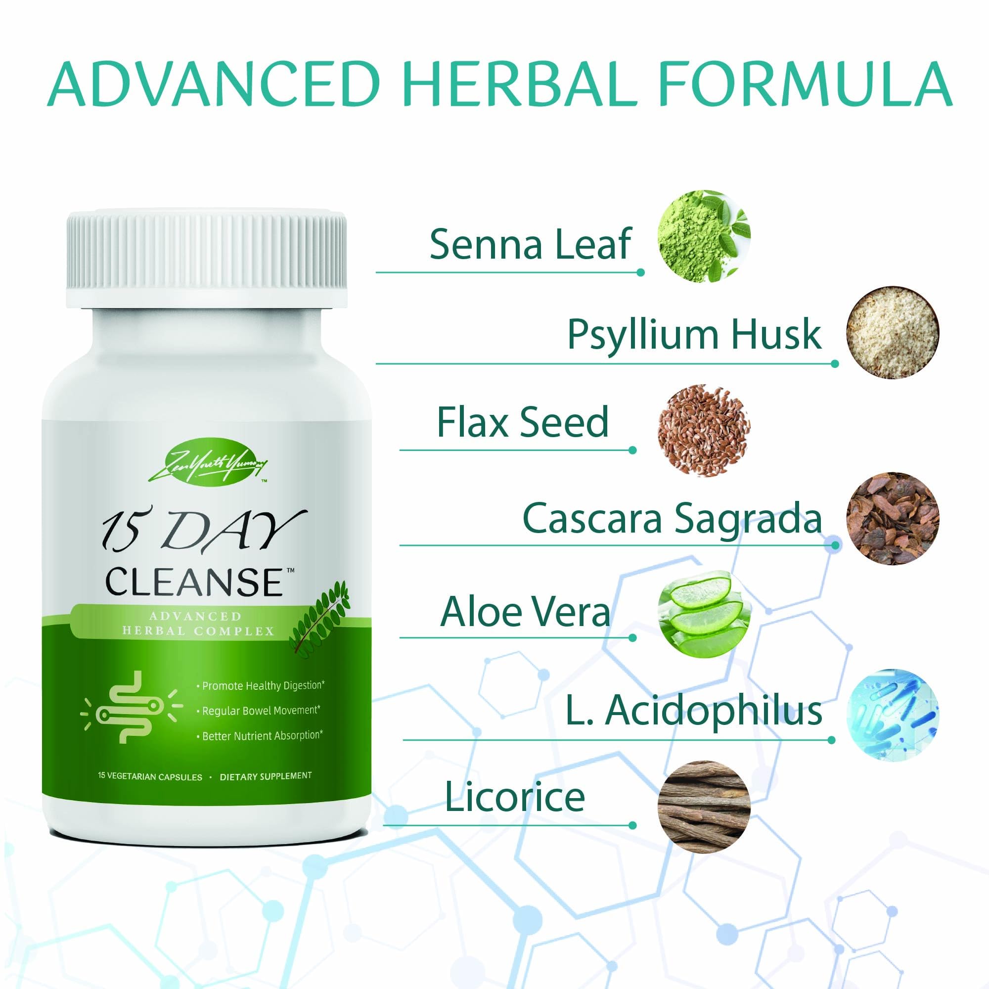 Detailed ingredients label on ZYY 15-Day Cleanse bottle showing senna and psyllium.